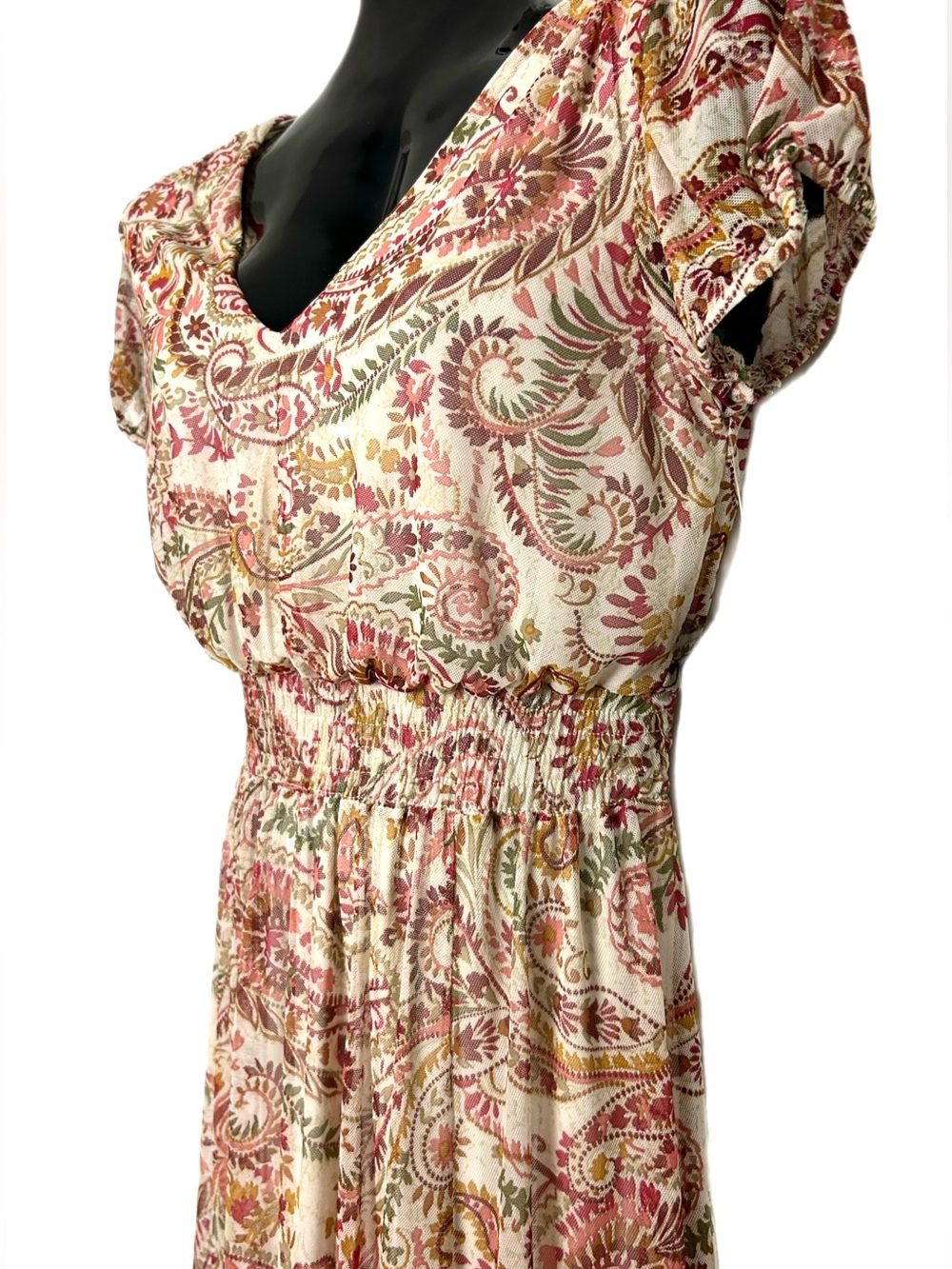 Cream Paisley V-Neck Shirred-Waist Dress